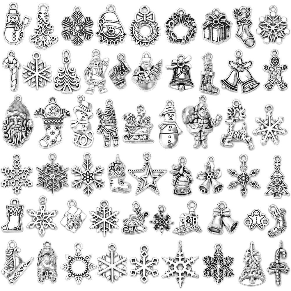 120Pcs Christmas Charms for Jewelry Making, Xmas Antique Silver Christmas Charms